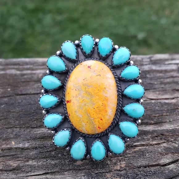 Handcrafted Sterling Silver Turquoise Bumblebee Jasper Huge Ring - Picture 1 of 7